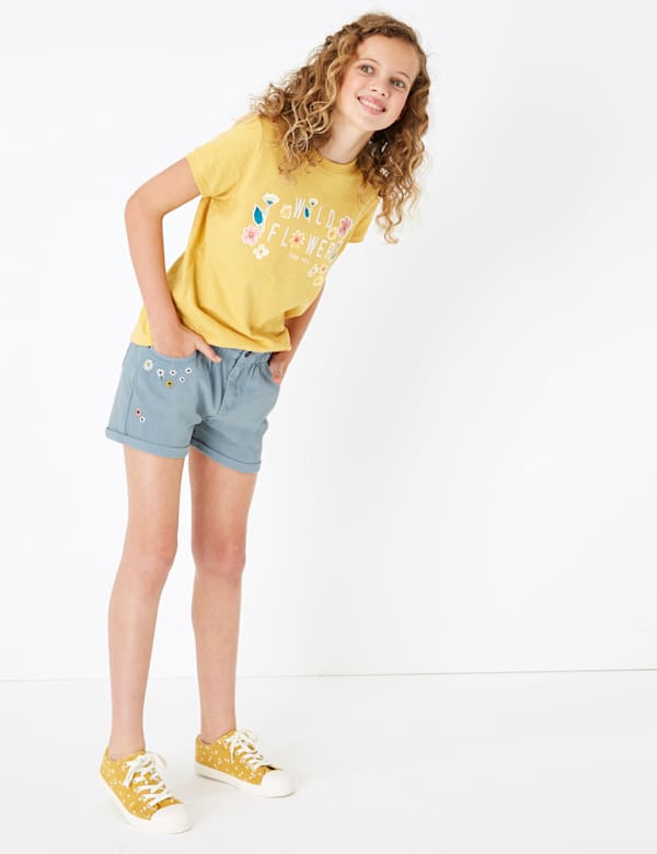 Denim Floral Embroidered Shorts (6-16 Yrs)