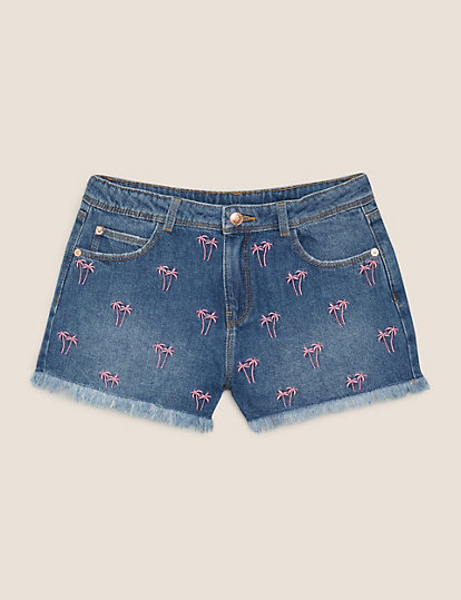 Denim Embroidered Palm Tree Shorts (6-14 Yrs)