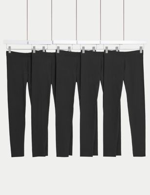 M&S Girl's 5pk Cotton Rich Leggings with Stretch (6-16 Yrs) - 6-7 Y - Black, Black