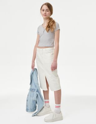 M&S Girl's Midi Denim Skirt (6-16 Yrs) - 8-9 Y - Ivory, Ivory