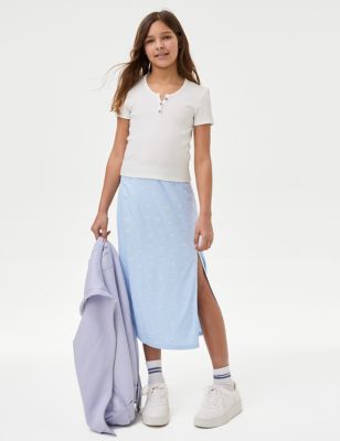 M&S Girl's Midi Floral Skirt (6-16 Yrs) - 6-7 Y - Blue Mix, Blue Mix