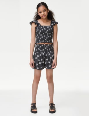 M&S Girls Palm Print Shorts (6-16 Yrs) - 7-8 Y - Black Mix, Black Mix