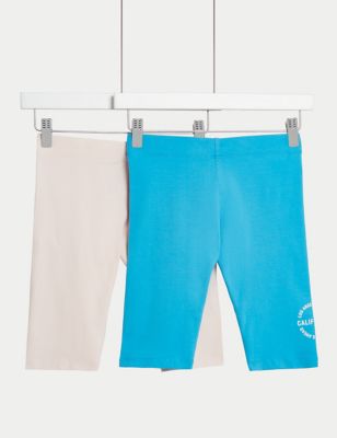 M&S Girls 2pk Cotton Rich Print Cycling Shorts (6-16 Yrs) - 7-8 Y - Blue Mix, Blue Mix,Multi