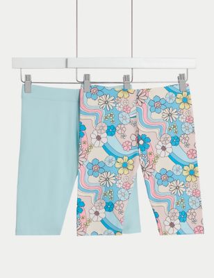 M&S Girl's 2pk Cotton Rich Print Cycling Shorts (6-16 Yrs) - 15-16 - Multi, Multi,Blue Mix