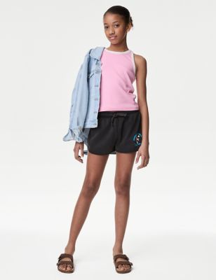 M&S Girl's Pure Cotton Runner Shorts (6-16 Yrs) - 14-15 - Charcoal Mix, Charcoal Mix,Pink Mix