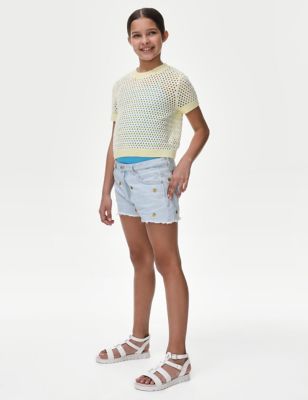 M&S Girl's Denim Embroidered Orange Shorts (6-16 Yrs) - 15-16, Denim