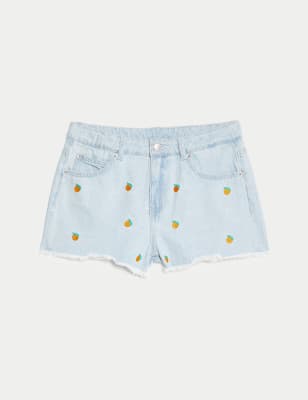 Denim korte broek met geborduurd sinaasappelmotief (6-16 jaar)