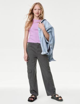 M&S Girls Cotton Rich Cargo Trousers (6-16 Yrs) - 7-8 Y - Charcoal, Charcoal,Stone,Khaki,Pink