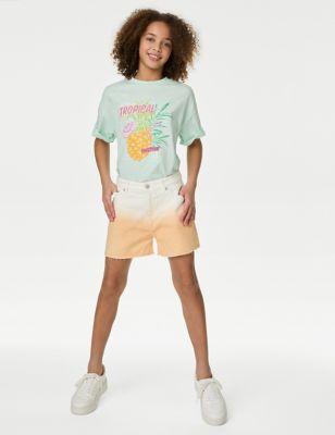 M&S Girl's Pure Cotton Denim Shorts (6-16 Yrs) - 6-7 Y - Orange Mix, Orange Mix,Denim,Multi