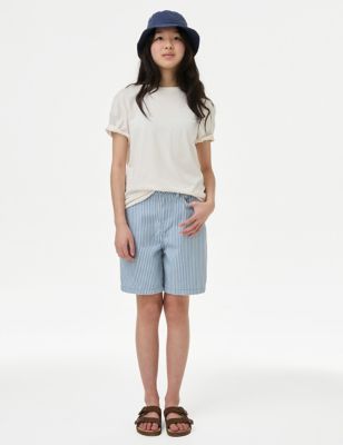 M&S Girls Denim Striped Shorts (6-16 Yrs) - 7-8 Y - Blue Mix, Blue Mix,Ivory