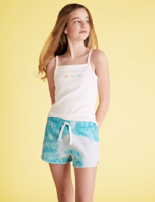 Short en coton biologique à motif teinté au noeud (du 6 au 16 ans) - Blue Mix