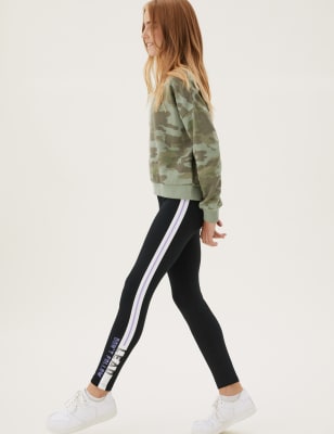 

M&S Collection Gestreifte Leggings mit hohem Baumwollanteil und Schriftzug (6-16 J.) - Black Mix, Black Mix
