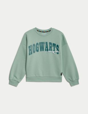 M&S Girl's Cotton Rich Harry Potter Hogwarts Sweatshirt (6-16 Yrs) - 6-7 Y - Green, Green