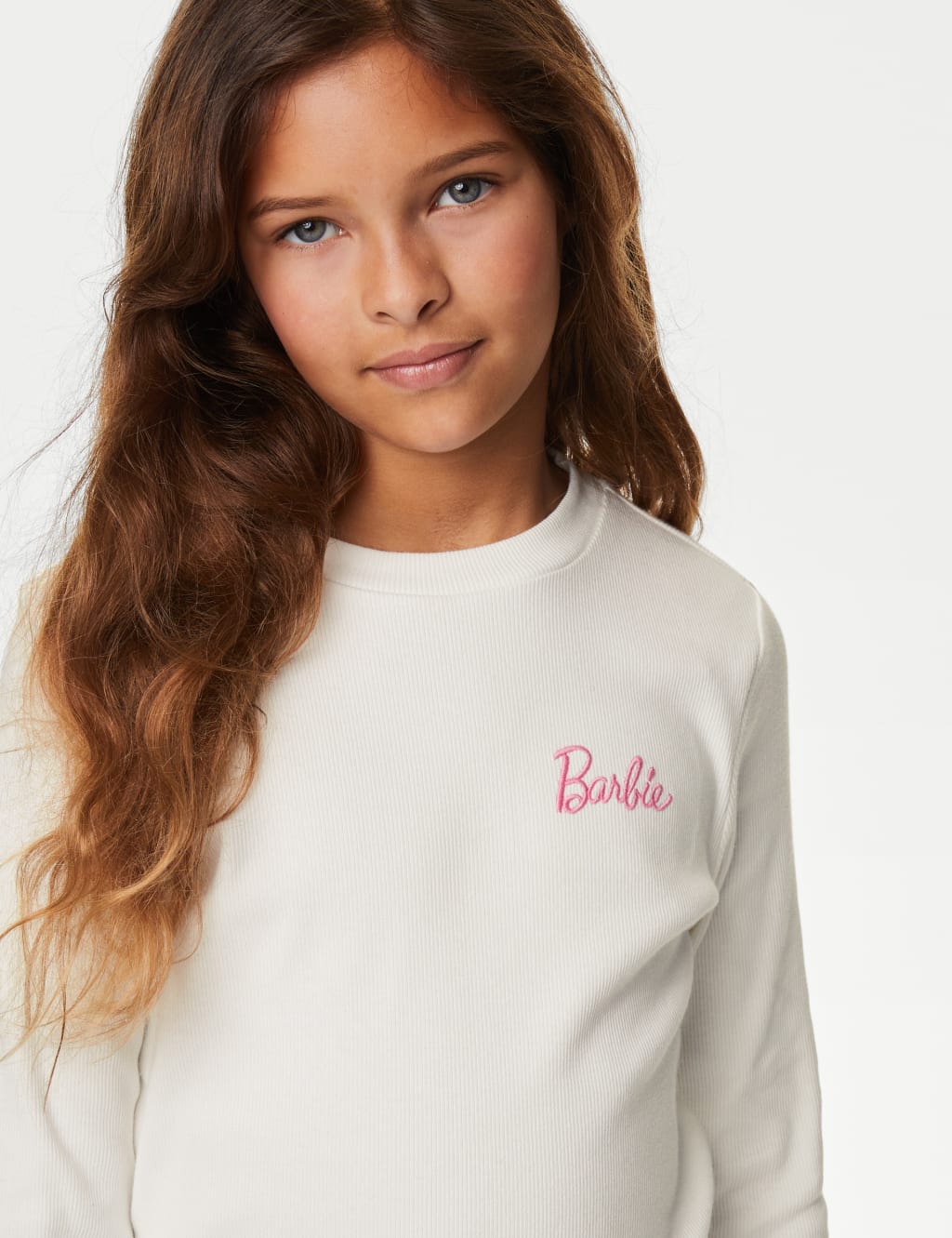 Cotton Rich Ribbed Barbie™ Embroidered Top (5-16 Yrs) image 1