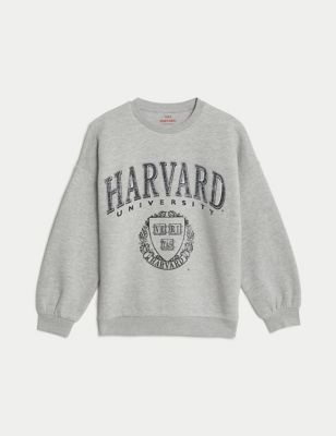 M&S Cotton Rich Harvardtm Sweatshirt (6-16 Yrs) - 7-8 Y - Grey Mix, Grey Mix