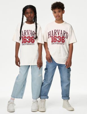M&S Girls Pure Cotton Harvard Slogan T-Shirt (6-16 Yrs) - 6-7 Y - Ecru Mix, Ecru Mix