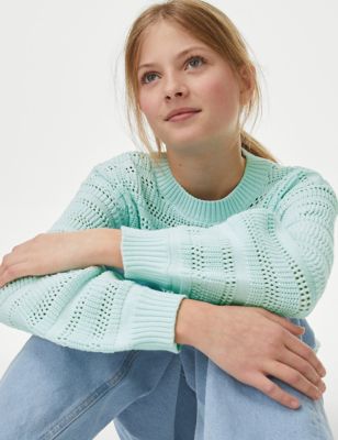 M&S Girls Pure Cotton Knitted Jumper (6-16 Yrs) - 7-8 Y - Blue, Blue,Aqua Mix,Green,Black,Pink,Ivory