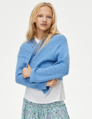 M&S Girls Pure Cotton Knitted Cardigan (6-16 Yrs) - 7-8 Y - Blue, Blue,Ivory