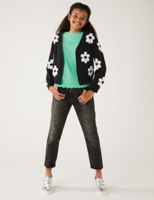 

M&S Collection Strickjacke mit hohem Baumwollanteil und Blumenmuster (6-16 J.) - Black Mix, Black Mix