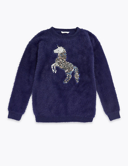 Reversible Sequin Unicorn Knitted Jumper (6-16 Yrs)