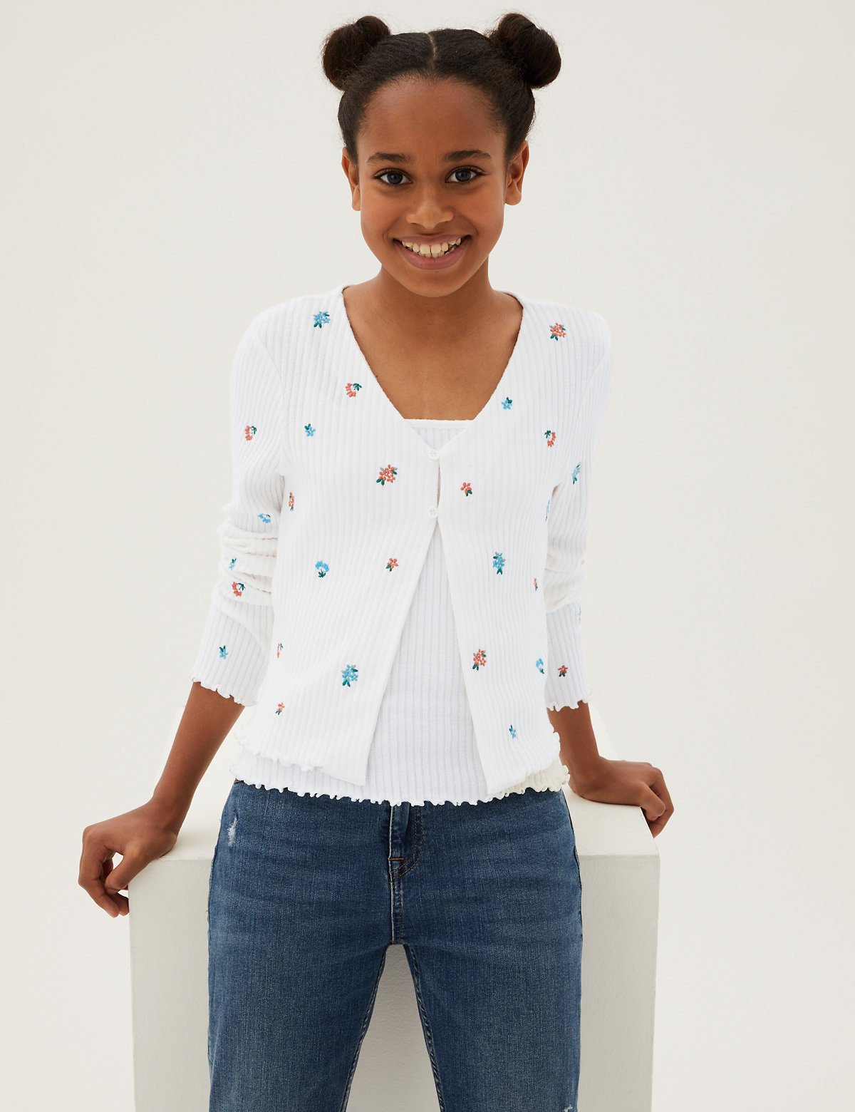 2pc Flower Embroidered Cardigan Set (6-16 Yrs)