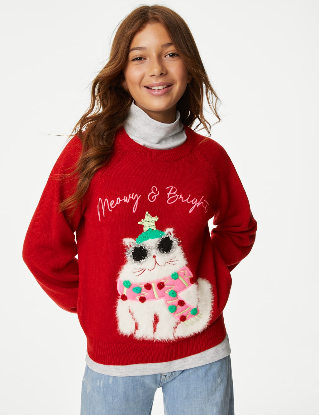 Christmas Cat Knitted Jumper (6-16 Yrs) image 1