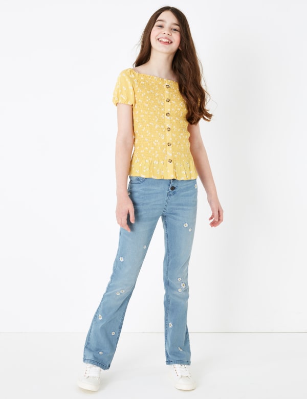 Cotton Embroidered Floral Jeans (6-16 Yrs)