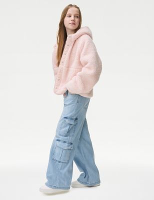 M&S Girl's Denim Wide Leg Cargo Jeans (6-16 Yrs) - 15-16 - Light Denim, Light Denim