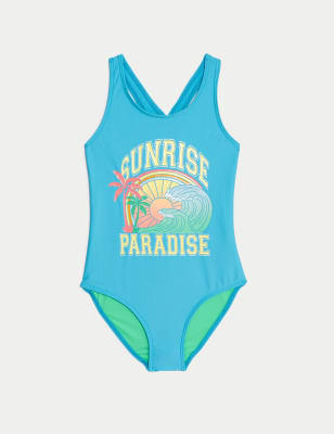 M&S Girl's Sunrise Print Swimsuit (6-16 Yrs) - 7-8 Y - Blue, Blue,Black