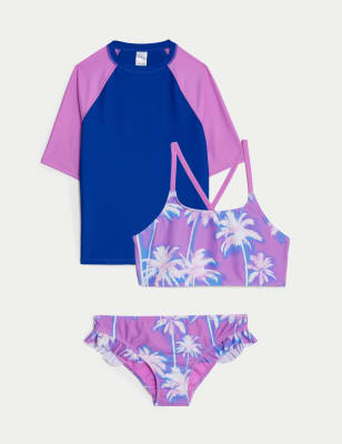 M&S Girls 3pc Palm Print Swim Set (6-16 Yrs) - 8-9 Y - Purple Mix, Purple Mix