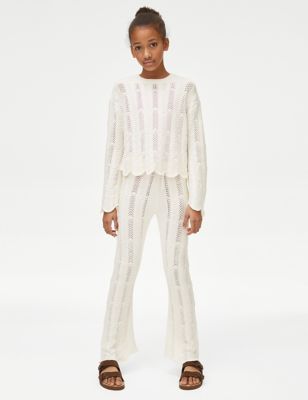 M&S Girls Pure Cotton Flared Trousers (6-16 Yrs) - 8-9 Y - Ivory, Ivory