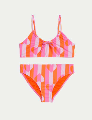 M&S Girls nPrinted Tie Front Bikini (6-16 Yrs) - 15-16 - Pink Mix, Pink Mix,Black Mix