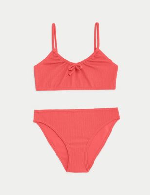 M&S Girls Crinkle Textured Bikini (6-16 Yrs) - 7-8 Y - Coral, Coral,Purple,Green