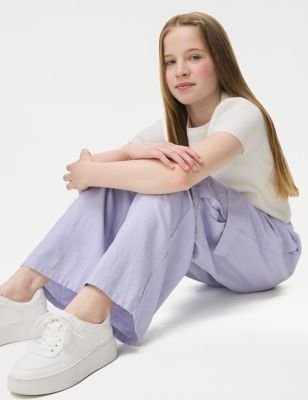 M&S Girls Linen Rich Wide Leg Cargo Trousers (6-16 Yrs) - 14-15 - Lilac, Lilac,Ivory,Blue Mix,Black