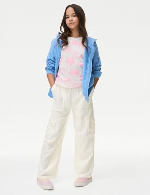 M&S Girls Linen Rich Wide Leg Cargo Trousers (6-16 Yrs) - 7-8 Y - Ivory, Ivory,Blue Mix,Lilac,Black