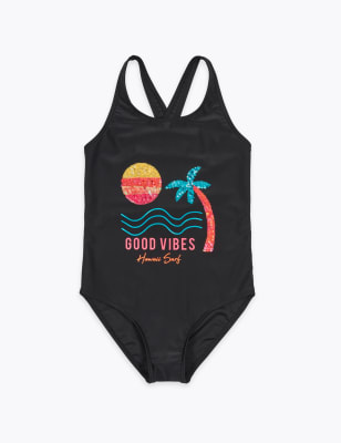 Good Vibes Slogan Sequin Swimsuit (6-16 Yrs) - NO