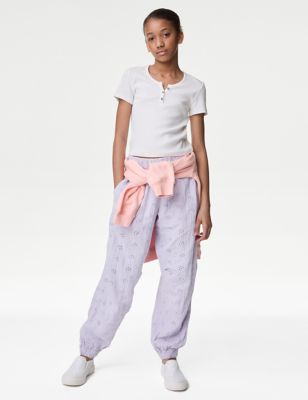 M&S Girl's Pure Cotton Broderie Parachute Trousers (6-16 Yrs) - 12-13 - Lilac, Lilac
