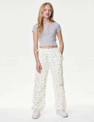 M&S Girl's Pure Cotton Ditsy Floral Parachute Trousers (6-16 Yrs) - 7-8 Y - Ivory Mix, Ivory Mix