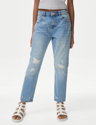 Mom Fit Light Denim Ripped Jeans