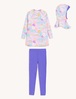 3pc Palm Print Long Sleeve Swim Set (6-16 Yrs)