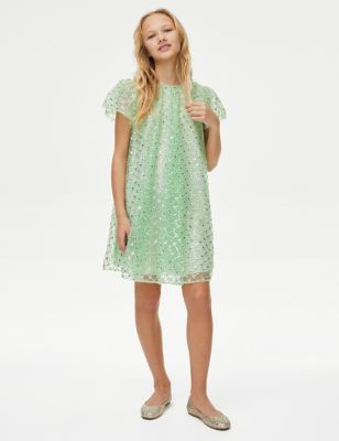 M&S Girl's Patterned Sequin Dress (7-16 Yrs) - 11-12 - Light Turquoise, Light Turquoise,Ivory