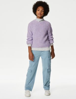 M&S Girl's Straight Denim Cargo Jeans (6-16 Yrs) - 6-7 Y - Blue, Blue,Stone,Charcoal,Khaki