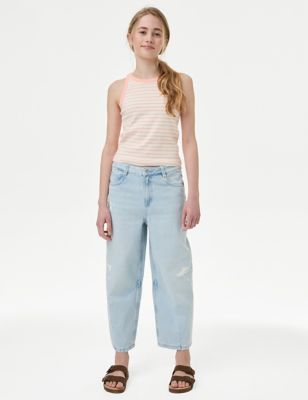 M&S Girl's Balloon Denim Jeans (6-16 Yrs) - 6-7 Y - Med Blue Denim, Med Blue Denim