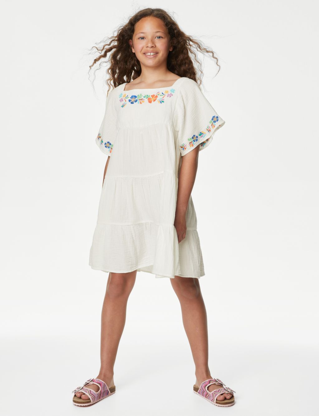 Pure Cotton Embroidered Tiered Dress (6-16 Yrs)