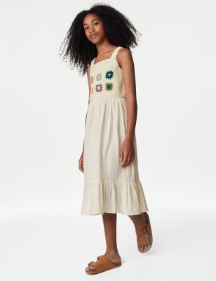 Pure Cotton Patchwork Crochet Midi Dress  (6-16 Yrs)