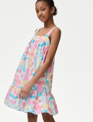 M&S Girl's Pure Cotton Tiered Dress (6-16 Yrs) - 7-8 Y - Multi, Multi,Blue