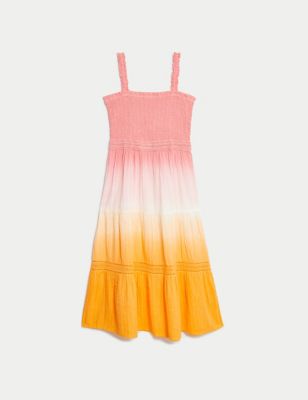 M&S Girls Pure Cotton Ombre Tiered Maxi Dress (6-16 Yrs) - 6-7 Y - Pink Mix, Pink Mix,Lilac Mix