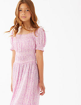Gesmokte jurk met bloemmotief (6-16 jaar)