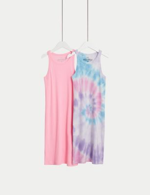 M&S Girls 2pk Cotton Rich Rib Tie Dye Dresses (6-16 Yrs) - 6-7 Y - Multi, Multi