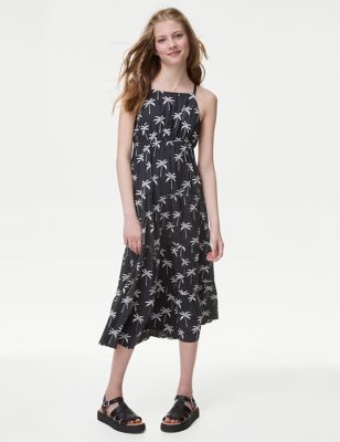 M&S Girl's Palm Print Tiered Dress (6-16 Yrs) - 6-7 Y - Charcoal, Charcoal